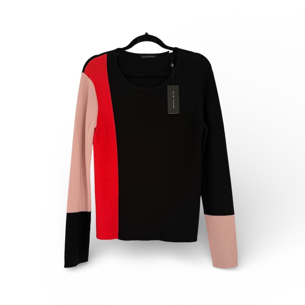 Elie Tahari 100% Merino Wool Colorblock Ribbed Sweater Black Red Pink XL -NWT